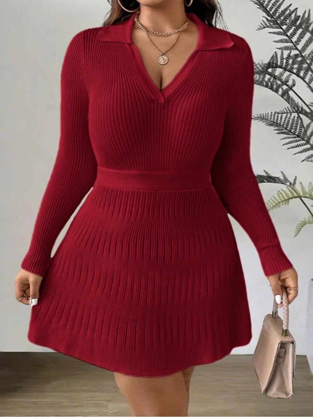 Ribbed Long-Sleeve Polo Collar Dress in Wine Red - XL